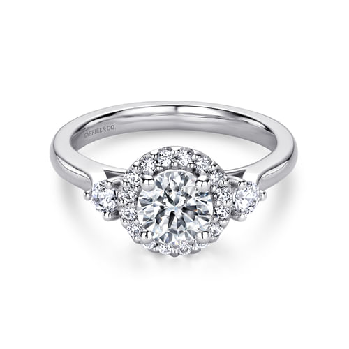 14K White Gold Round Three Stone Halo Diamond Engagement Ring