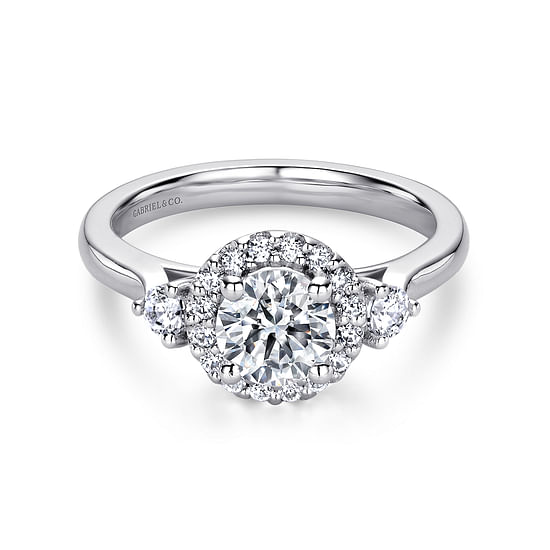 Gabriel - 14K White Gold Round Three Stone Halo Diamond Engagement Ring