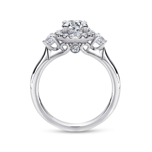 14K White Gold Round Three Stone Halo Diamond Engagement Ring
