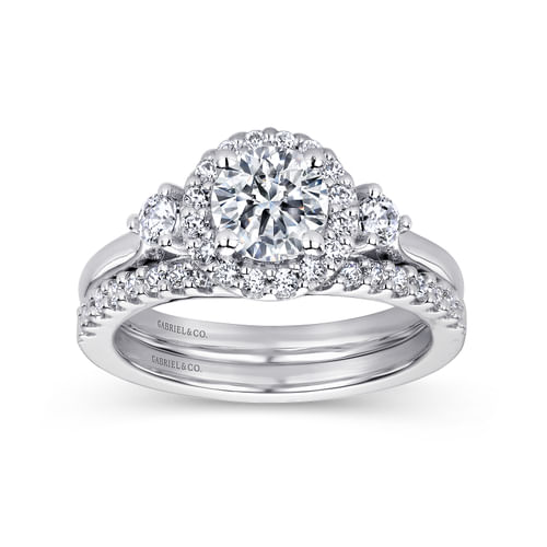 14K White Gold Round Three Stone Halo Diamond Engagement Ring