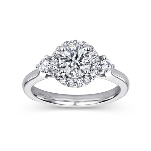 14K White Gold Round Three Stone Halo Diamond Engagement Ring
