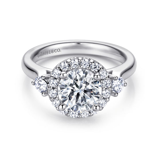 Gabriel - 14K White Gold Round Three Stone Halo Diamond Engagement Ring