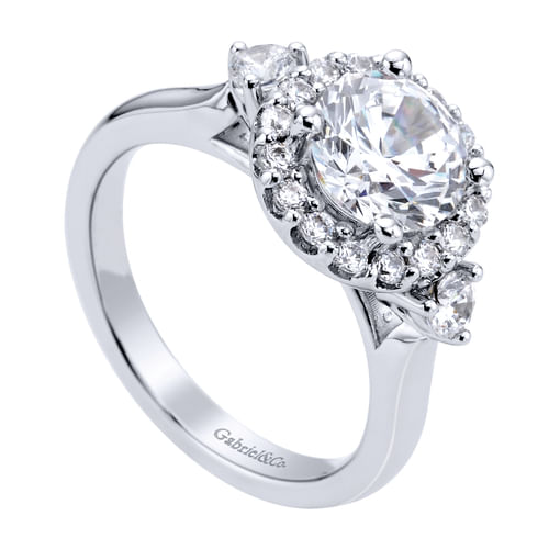 14K White Gold Round Three Stone Halo Diamond Engagement Ring