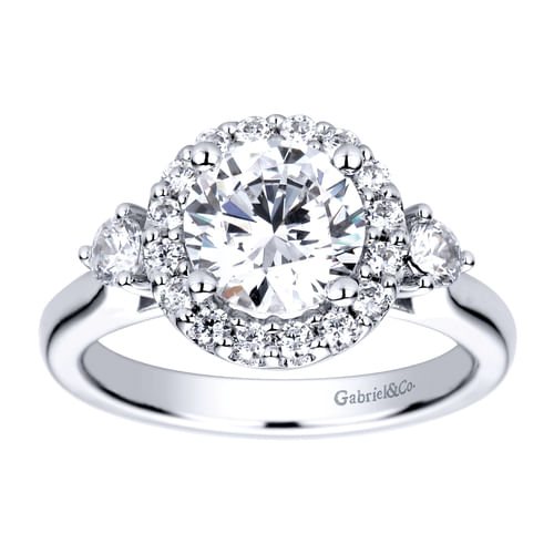 14K White Gold Round Three Stone Halo Diamond Engagement Ring