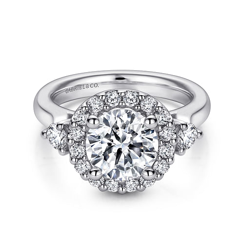 14K White Gold Round Three Stone Halo Diamond Engagement Ring