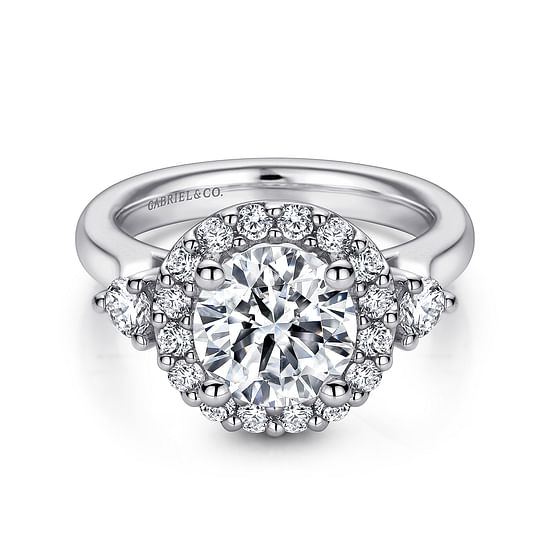 Gabriel - 14K White Gold Round Three Stone Halo Diamond Engagement Ring