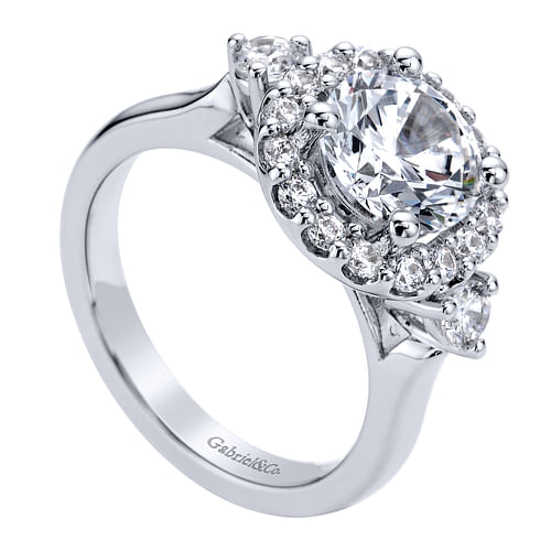 14K White Gold Round Three Stone Halo Diamond Engagement Ring