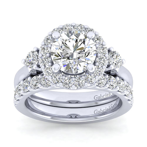 14K White Gold Round Three Stone Halo Diamond Engagement Ring