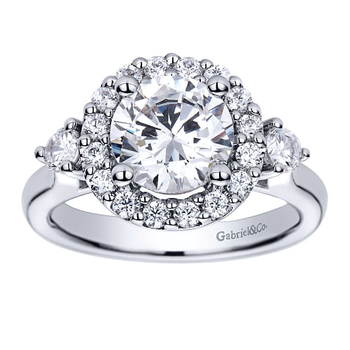 14K White Gold Round Three Stone Halo Diamond Engagement Ring