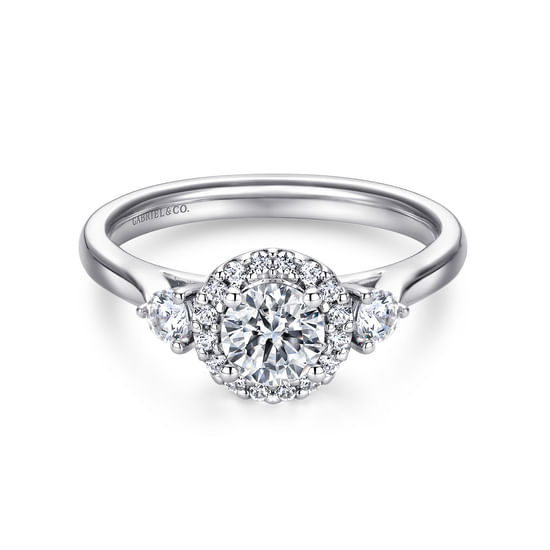 Gabriel - 14K White Gold Round Three Stone Halo Diamond Engagement Ring