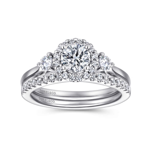 14K White Gold Round Three Stone Halo Diamond Engagement Ring