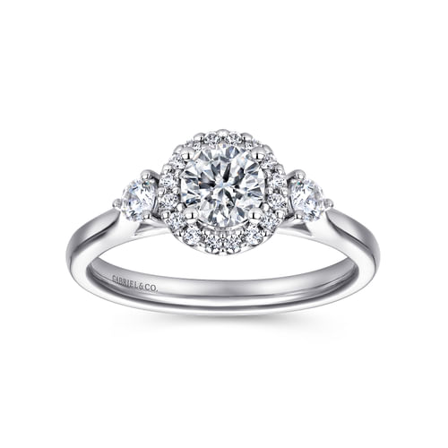 14K White Gold Round Three Stone Halo Diamond Engagement Ring