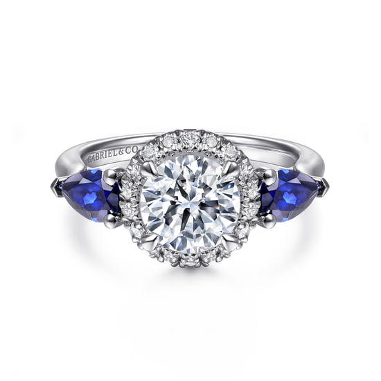 Gabriel - 14K White Gold Round Three Stone Halo Sapphire and Diamond Engagement Ring