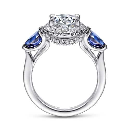 14K White Gold Round Three Stone Halo Sapphire and Diamond Engagement Ring