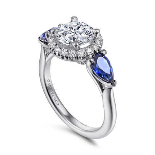 14K White Gold Round Three Stone Halo Sapphire and Diamond Engagement Ring
