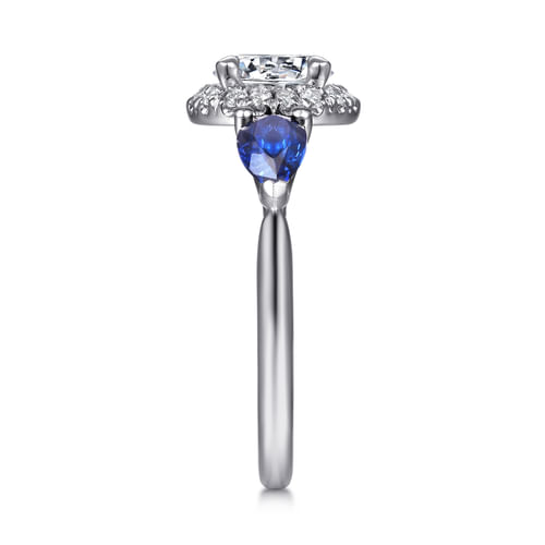 14K White Gold Round Three Stone Halo Sapphire and Diamond Engagement Ring