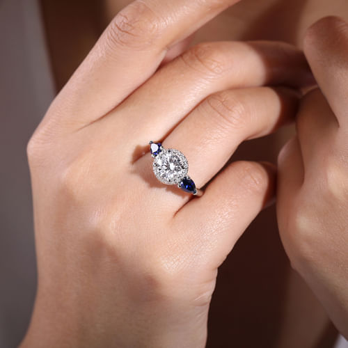 14K White Gold Round Three Stone Halo Sapphire and Diamond Engagement Ring