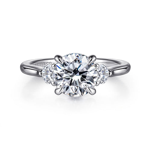 14K White Gold Round Three Stone Lotus Diamond Engagement Ring