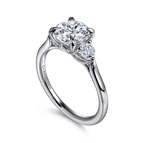 14K White Gold Round Three Stone Lotus Diamond Engagement Ring