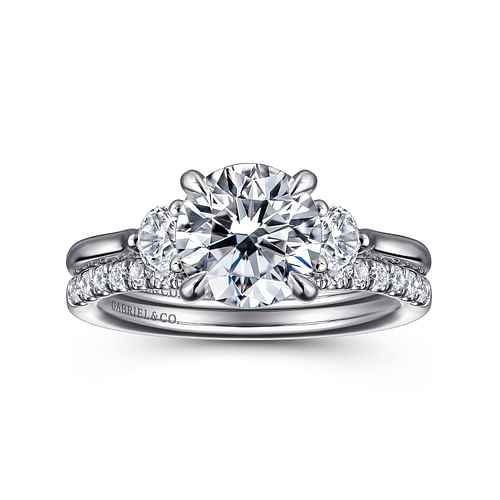 14K White Gold Round Three Stone Lotus Diamond Engagement Ring