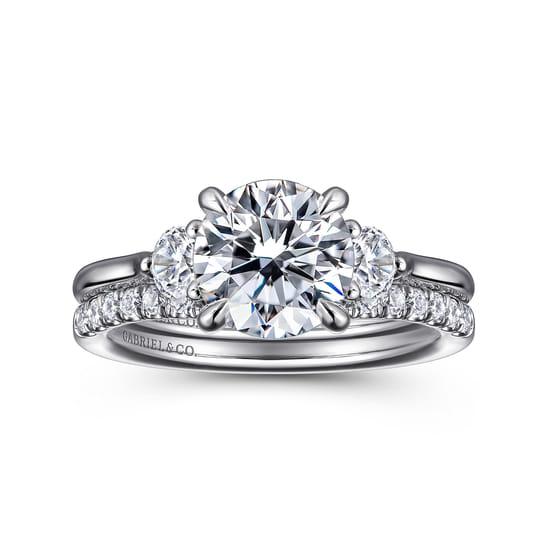 14K White Gold Round Three Stone Lotus Diamond Engagement Ring angle 4