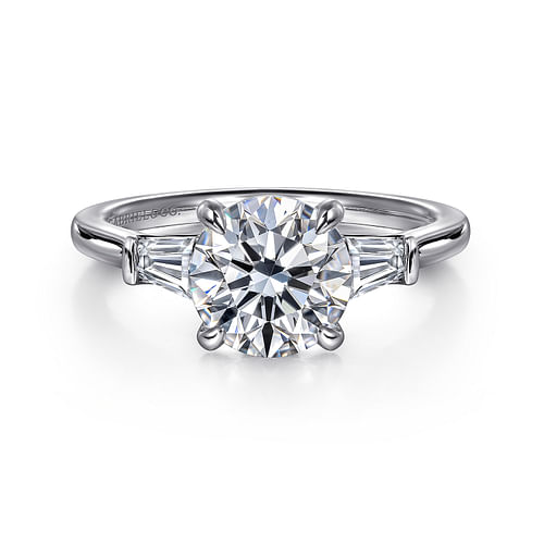 14K White Gold Round Three Stone Lotus Diamond Engagement Ring