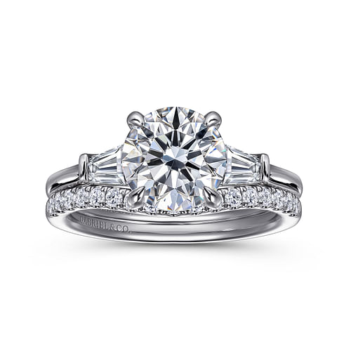 14K White Gold Round Three Stone Lotus Diamond Engagement Ring