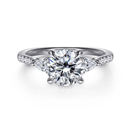 14K White Gold Round Three Stone Lotus Diamond Engagement Ring