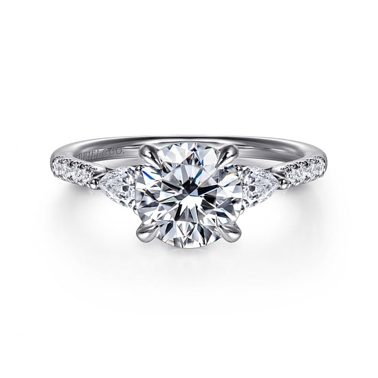 Gabriel - 14K White Gold Round Three Stone Lotus Diamond Engagement Ring