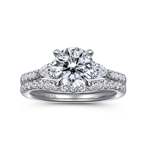 14K White Gold Round Three Stone Lotus Diamond Engagement Ring