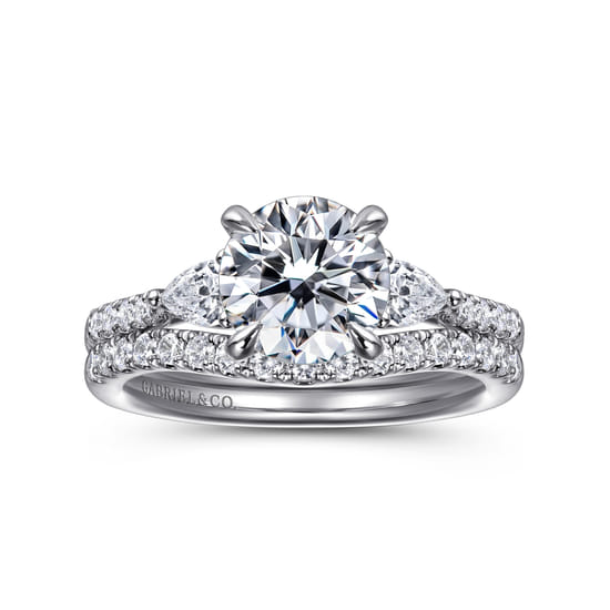 14K White Gold Round Three Stone Lotus Diamond Engagement Ring angle 4