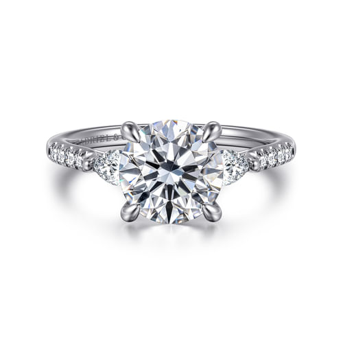 14K White Gold Round Three Stone Lotus Diamond Engagement Ring
