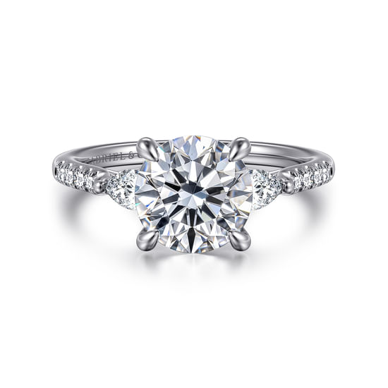 Gabriel - 14K White Gold Round Three Stone Lotus Diamond Engagement Ring