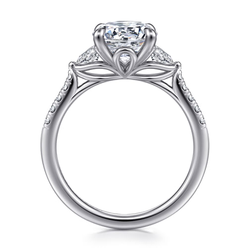 14K White Gold Round Three Stone Lotus Diamond Engagement Ring