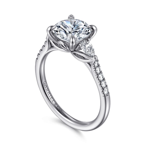 14K White Gold Round Three Stone Lotus Diamond Engagement Ring