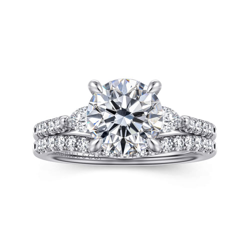 14K White Gold Round Three Stone Lotus Diamond Engagement Ring
