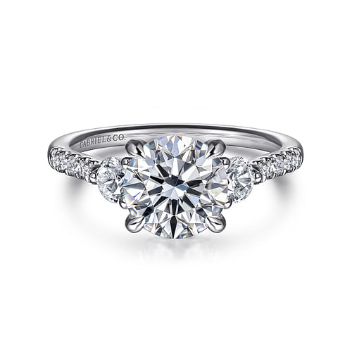 14K White Gold Round Three Stone Lotus Diamond Engagement Ring