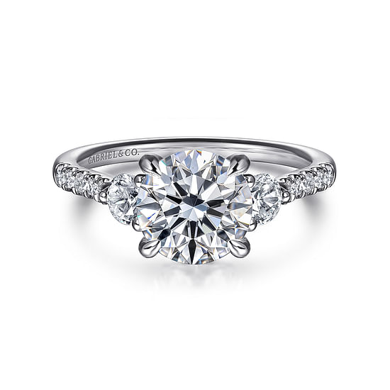 Gabriel - 14K White Gold Round Three Stone Lotus Diamond Engagement Ring