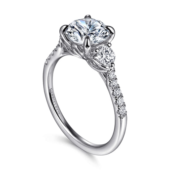 14K White Gold Round Three Stone Lotus Diamond Engagement Ring angle 3