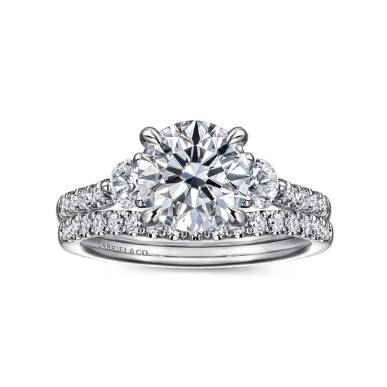 14K White Gold Round Three Stone Lotus Diamond Engagement Ring angle 4