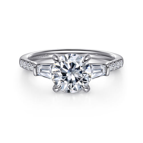 14K White Gold Round Three Stone Lotus Diamond Engagement Ring