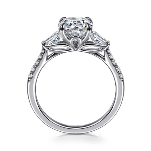 14K White Gold Round Three Stone Lotus Diamond Engagement Ring