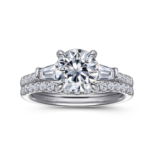 14K White Gold Round Three Stone Lotus Diamond Engagement Ring