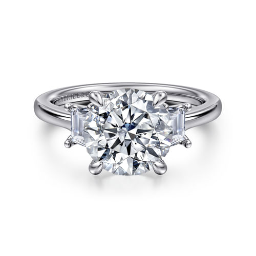 14K White Gold Round Three Stone Lotus Diamond Engagement Ring