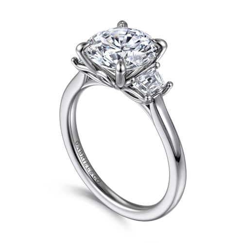 14K White Gold Round Three Stone Lotus Diamond Engagement Ring