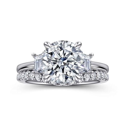 14K White Gold Round Three Stone Lotus Diamond Engagement Ring