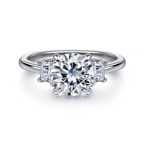 14K White Gold Round Three Stone Lotus Diamond Engagement Ring