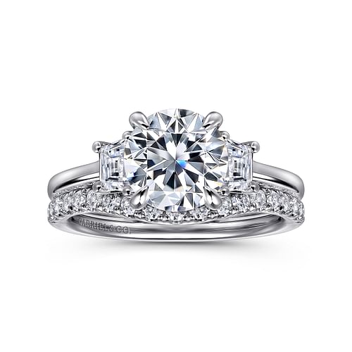 14K White Gold Round Three Stone Lotus Diamond Engagement Ring