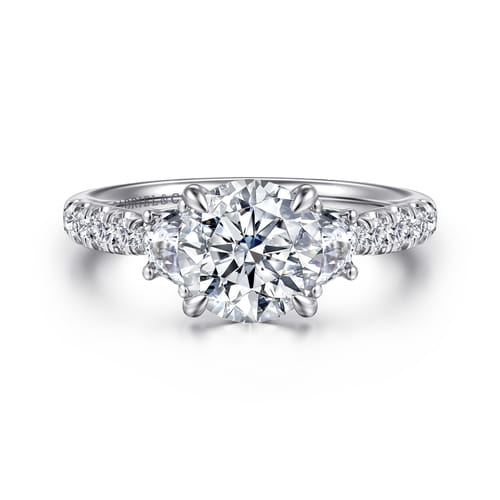 14K White Gold Round Three Stone Lotus Diamond Engagement Ring