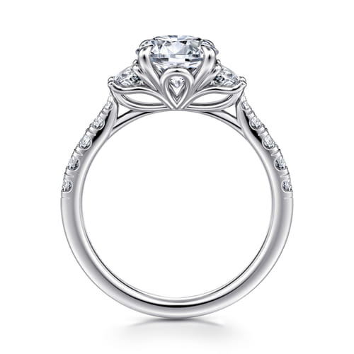 14K White Gold Round Three Stone Lotus Diamond Engagement Ring